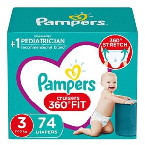 diapers size 3, 74 count - pampers pull on cruisers 360° fit disposable baby diapers with stretchy waistband, super pack (packaging may vary)