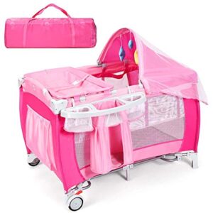 honey joy pack and play with bassinet, 4-in-1 portable baby playard with changing table, net & cute toys, diaper storage bag, music box, wheels with brake, foldable newborn play yard w/carry bag