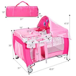 HONEY JOY Pack and Play with Bassinet, 4-in-1 Portable Baby Playard with Changing Table, Net & Cute Toys, Diaper Storage Bag, Music Box, Wheels with Brake, Foldable Newborn Play Yard w/Carry Bag