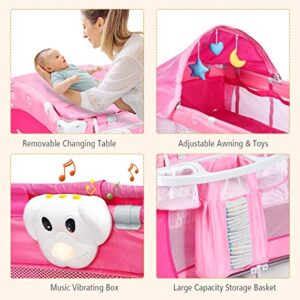 HONEY JOY Pack and Play with Bassinet, 4-in-1 Portable Baby Playard with Changing Table, Net & Cute Toys, Diaper Storage Bag, Music Box, Wheels with Brake, Foldable Newborn Play Yard w/Carry Bag