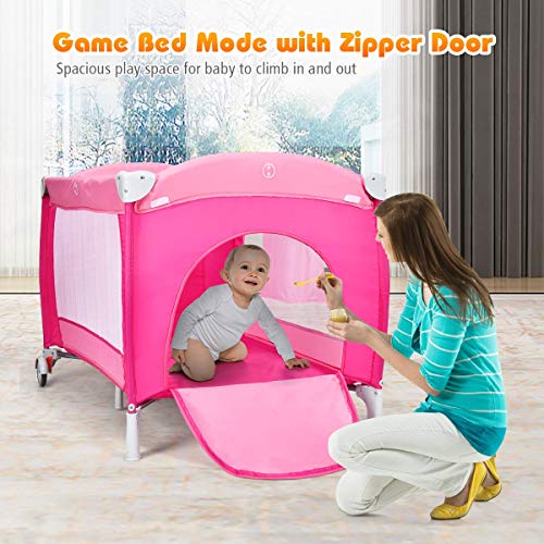 HONEY JOY Pack and Play with Bassinet, 4-in-1 Portable Baby Playard with Changing Table, Net & Cute Toys, Diaper Storage Bag, Music Box, Wheels with Brake, Foldable Newborn Play Yard w/Carry Bag