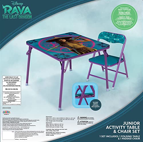 Disney Raya Table & Chair Set – Folding Kids Furniture Table & Chair – Includes Toddler Chair with Non-Skid Rubber Feet & Padded Seat – Sturdy Metal Construction – for Ages 24M+