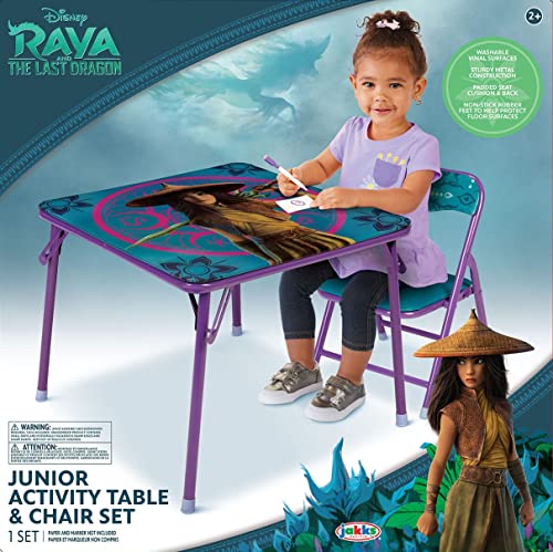 Disney Raya Table & Chair Set – Folding Kids Furniture Table & Chair – Includes Toddler Chair with Non-Skid Rubber Feet & Padded Seat – Sturdy Metal Construction – for Ages 24M+