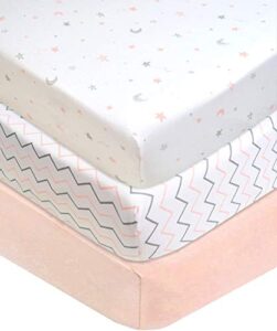 american baby company 3 piece 100% cotton jersey knit fitted crib sheet for standard crib and toddler mattresses, blush pink star/zigzag, for girls