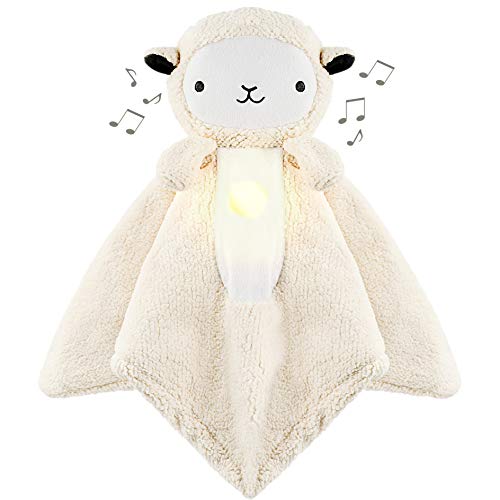 Wavhello LoveBub Sound & Light Baby Security Blanket Lovey, Plush Lullaby Music Player, White Noise Soother & Soft Night Light, Machine Washable - Lou The Lamb (White Minky, 18")