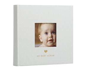 pearhead my baby album, baby book photo keepsake for new and expecting parents, 50 pages, holds 200 6” x 4” pictures, gender-neutral baby accessory, classic gray and white polka dot