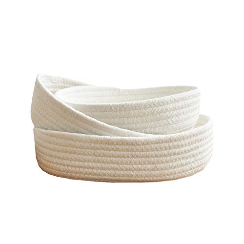 BQEE Cotton Rope Handmade Woven Home Storage Household Candy Toys Storage Basket Sundries Collection Box Candy Snack Food Tray SML Pack of 3 (Oval, White)