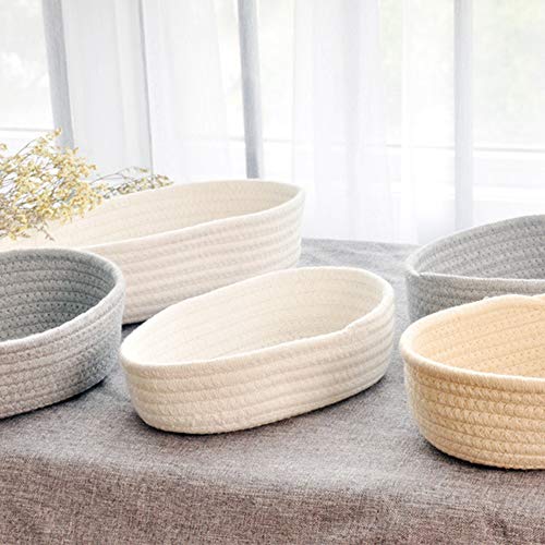 BQEE Cotton Rope Handmade Woven Home Storage Household Candy Toys Storage Basket Sundries Collection Box Candy Snack Food Tray SML Pack of 3 (Oval, White)