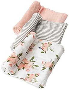 little unicorn – watercolor roses cotton muslin swaddle blanket set | set of 3 | 100% cotton | super soft | newborns and infants | large 47” x 47” | machine washable