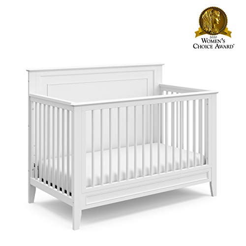 Storkcraft Solstice 5-In-1 Convertible Crib (White) – GREENGUARD Gold Certified, Converts to Toddler Bed and Full-Size Bed, Fits Standard Full-Size Crib Mattress, Adjustable Mattress Support Base