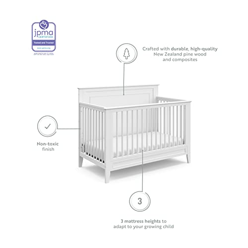 Storkcraft Solstice 5-In-1 Convertible Crib (White) – GREENGUARD Gold Certified, Converts to Toddler Bed and Full-Size Bed, Fits Standard Full-Size Crib Mattress, Adjustable Mattress Support Base