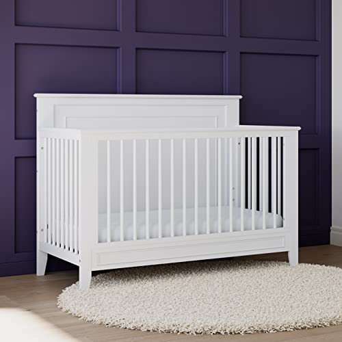 Storkcraft Solstice 5-In-1 Convertible Crib (White) – GREENGUARD Gold Certified, Converts to Toddler Bed and Full-Size Bed, Fits Standard Full-Size Crib Mattress, Adjustable Mattress Support Base