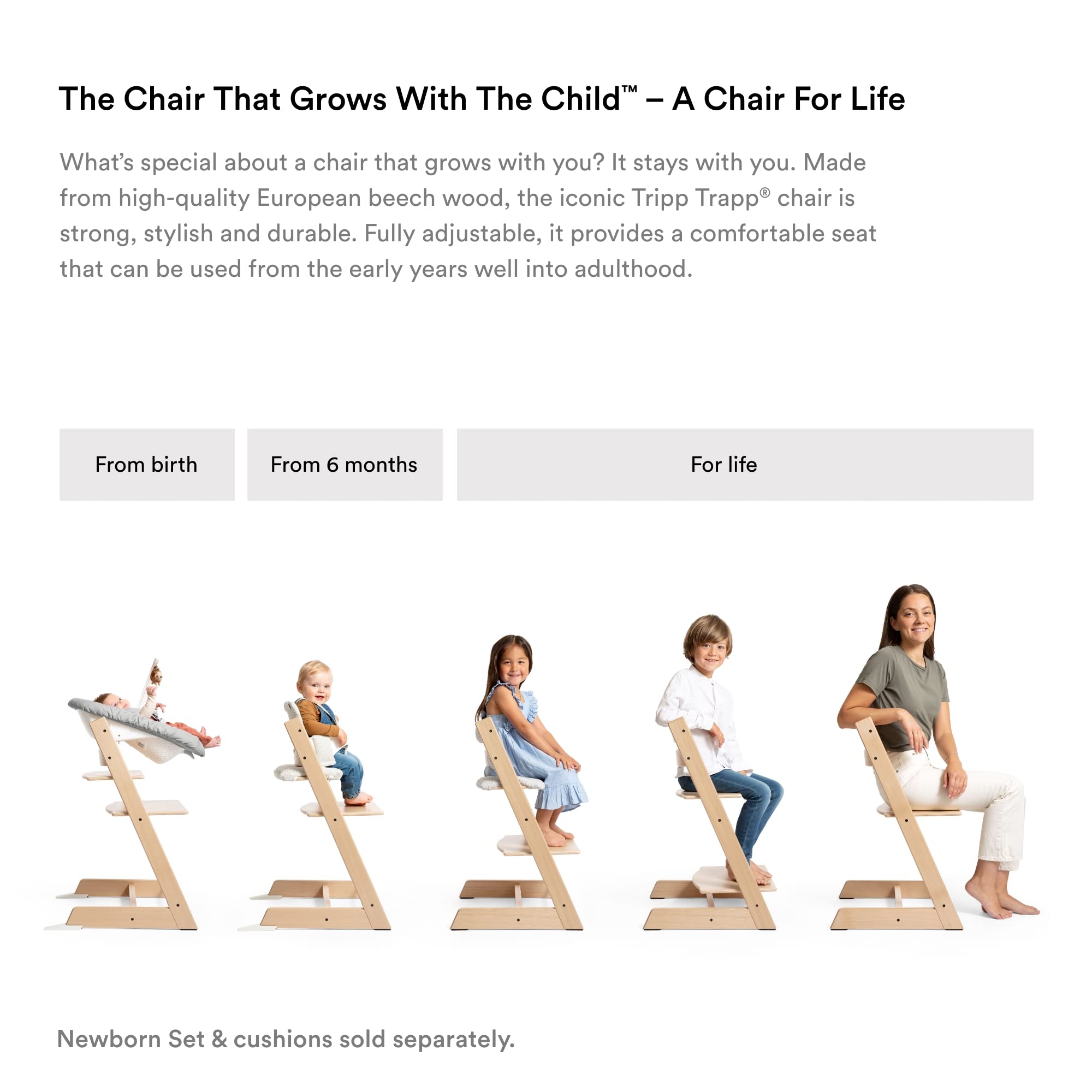 Tripp Trapp High Chair from Stokke, Natural - Adjustable, Convertible Chair for Children & Adults - Includes Baby Set with Removable Harness for Ages 6-36 Months - Ergonomic & Classic Design
