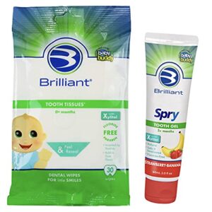 brilliant xylitol products bundle - tooth tissues dental wipes 30 count, and spry tooth gel, strawberry banana flavor, 2 ounces, tooth tissues- newborn and up, spry tooth gel, all ages (00580-00532)