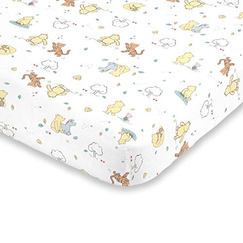 Disney Winnie The Pooh Classic Pooh 100% Cotton Fitted Mini Crib Sheet, Ivory, Butter, Aqua, Orange , 38x24x6 Inch (Pack of 1)