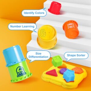 iPlay, iLearn Baby Stacking Toys, Toddler Nesting Stack Cups, Infant Stackable Block, Kids Sorting Game W/Shape Sorter for Sand Bath, Birthday Gifts for 12 18 24 Month, 1 2 3 Year Old Boys Girls