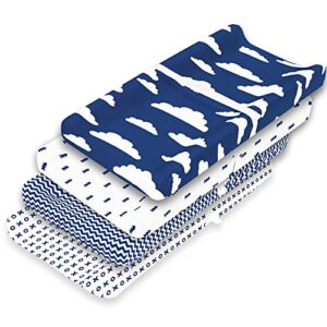 changing pad cover – premium baby changing pad covers 4 pack – boy or girl changing pad cover – pure cotton machine washable navy and white changing table cover – diaper changing pad cover sheets