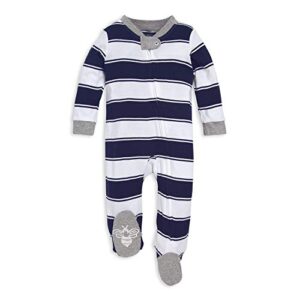 burt's bees baby baby boys play pjs, 100% organic cotton one-piece romper jumpsuit zip front pajamas and toddler sleepers, navy rugby stripe, 6 months us