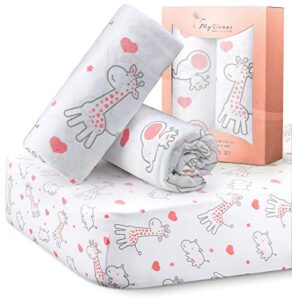 stretchy fitted crib sheets for baby girls, ultra soft jersey knit cotton, fits standard crib and toddler mattress, size 28in x 52in, 2 pack set, coral elephants & coral animals nursery sheet