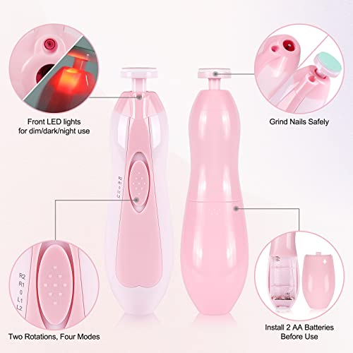 Qunlions life Glopole Baby Nail Trimmer File with Light - Safe Electric Nail Clippers Kit for Newborn Infant Toddler Kids Toes and Fingernails - Care, Polish and Trim - Battery Operated (AA), Pink