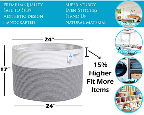 24" x 24" x 17" Max Size Large Cotton Rope Basket, Extra Large Storage Basket, Woven Laundry Hamper, Toy Storage Bin, for Blankets Clothes Toys Towels Pillows in Living Room, Baby Nursery, Grey