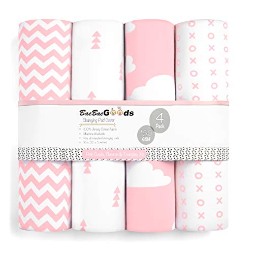 Changing Pad Cover – Premium Baby Changing Pad Covers 4 Pack – Girl Changing Pad Cover – Pure Jersey Machine Washable Pink and White Changing Table Cover – Diaper Changing Pad Cover Sheets