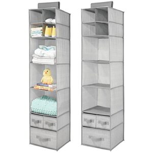 mdesign soft fabric over closet rod hanging storage organizer with 7 shelves and 3 removable drawers for child/kids room or nursery - herringbone print, 2 pack - gray