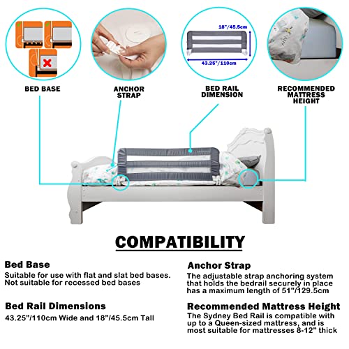 Little Chicks Sydney Toddler Bed Rail - Foldable & Portable - Suitable for Flat Beds Bases up to Queen-Size Mattress - Gray - Model CK027