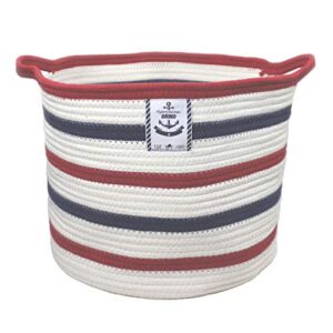 orino nautical large cotton rope storage baskets with handle, soft durable laundry baskets nursery hamper organizer for kids toys (15.8x15x11.8 inch, blue&red stripe american flag style)
