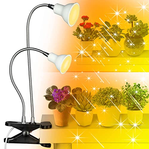 DOMMIA Grow Lights for Indoor Plants,Full Spectrum Grow Light with Warmwhite Red LED,Dual Head Clip on Plant Light for Indoor Plants,ON/Off Switch,Adjustable Gooseneck Plant Light for House Plants