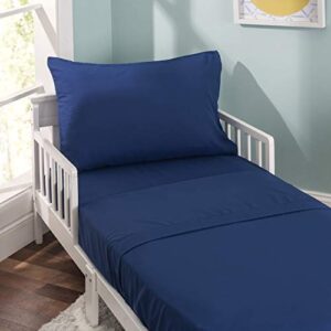 everyday kids 3 piece toddler sheet set - soft breathable microfiber toddler bedding - includes a flat sheet, a fitted sheet and a pillowcase - solid navy