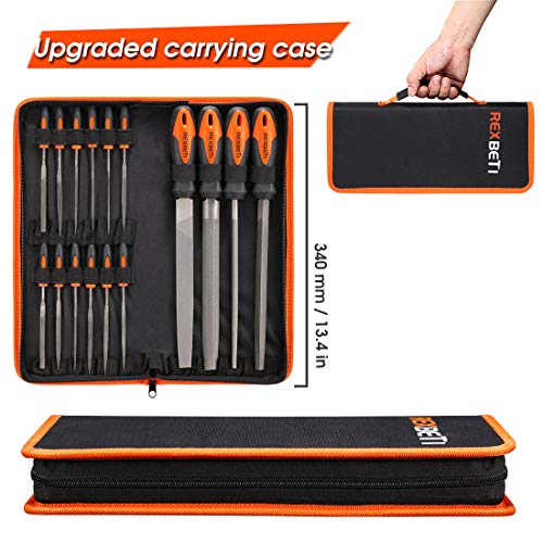 REXBETI 17Pcs Metal File Set, Premium Grade T12 Drop Forged Alloy Steel, Flat/Triangle/Half-round/Round Large File and 12pcs Needle Files, Cleaning Metal Wire Brush with Carry Case