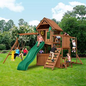 Swing-N-Slide WS 8352 Knightsbridge Ultimate Swing Set with Slide, Monkey Bars, Climbing Wall, Wood Roof, Picnic Table & Glider, Wood, Green