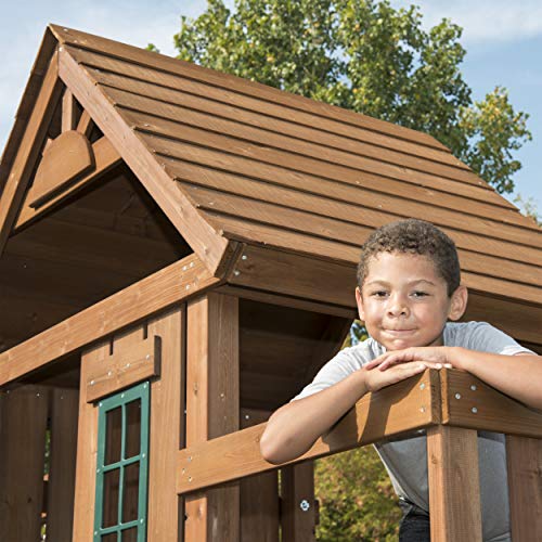 Swing-N-Slide WS 8352 Knightsbridge Ultimate Swing Set with Slide, Monkey Bars, Climbing Wall, Wood Roof, Picnic Table & Glider, Wood, Green