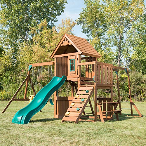 Swing-N-Slide WS 8352 Knightsbridge Ultimate Swing Set with Slide, Monkey Bars, Climbing Wall, Wood Roof, Picnic Table & Glider, Wood, Green