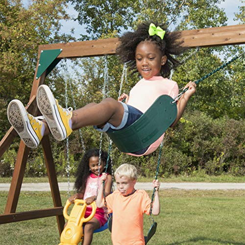 Swing-N-Slide WS 8352 Knightsbridge Ultimate Swing Set with Slide, Monkey Bars, Climbing Wall, Wood Roof, Picnic Table & Glider, Wood, Green