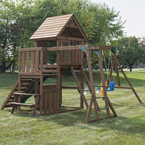 Swing-N-Slide WS 8352 Knightsbridge Ultimate Swing Set with Slide, Monkey Bars, Climbing Wall, Wood Roof, Picnic Table & Glider, Wood, Green