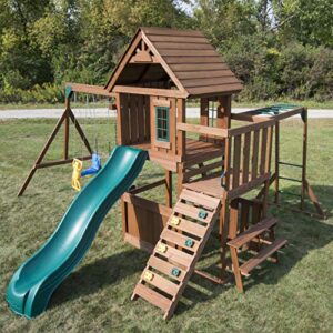 Swing-N-Slide WS 8352 Knightsbridge Ultimate Swing Set with Slide, Monkey Bars, Climbing Wall, Wood Roof, Picnic Table & Glider, Wood, Green