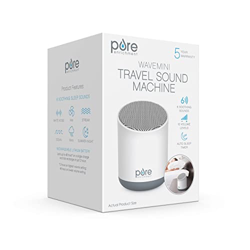 Pure Enrichment® Wave™ Mini Travel Sound Machine - 6 Soothing Sounds Including White Noise, Seamless Loop Audio, Rechargeable Battery, 48 Hour Run Time, Optional Timer, and Storage Bag