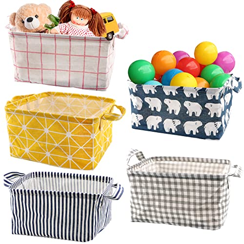 5 Pcs Foldable Storage Bin Basket,Foldable Container Organizer Fabric Storage Receive Baskets with Handle Cotton Linen Blend Storage Bins for Makeup, Book, Baby Toy,9.85x7.9x5.5 inch