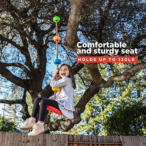 LAEGENDARY Tree Swing for Kids - Single Disk Outdoor Climbing Rope w/Platforms, Carabiner & 4 Ft Tree Strap - Playground Accessories - Multicolored