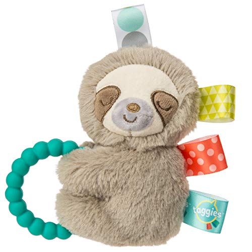 Taggies Sensory Stuffed Animal Soft Rattle with Teether Ring, Molasses Sloth