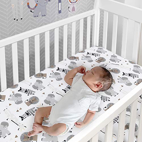 Lambs & Ivy Jungle Safari 100% Cotton White/Gray Elephant/Lion Fitted Crib Sheet