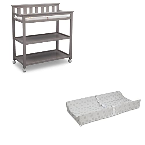 Delta Children Flat Top Changing Table with Casters, Grey and Waterproof Baby and Infant Diaper Changing Pad, Beautyrest Platinum, White