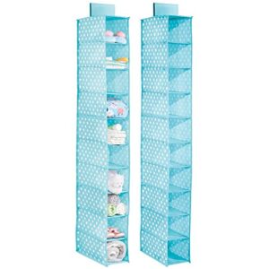mdesign soft fabric over closet rod hanging storage organizer with 10 shelves for child/kids room or nursery - polka dot print - 2 pack - turquoise blue with white dots