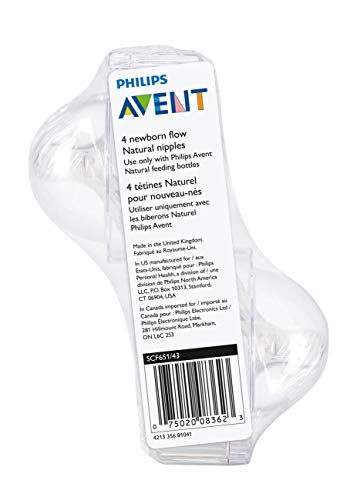 Philips Avent Natural Baby Bottle Newborn Flow Nipple, 0M+, 4pack, Flow 1, SCF651/43