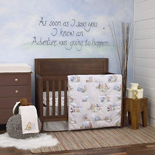 Disney Winnie The Pooh Classic Pooh Ivory, Blue, Sage, Tan Storybook 6 Piece Nursery Crib Bedding Set - Comforter, 2 Fitted Crib Sheets, Dust Ruffle, Baby Blanket, Changing Pad Cover