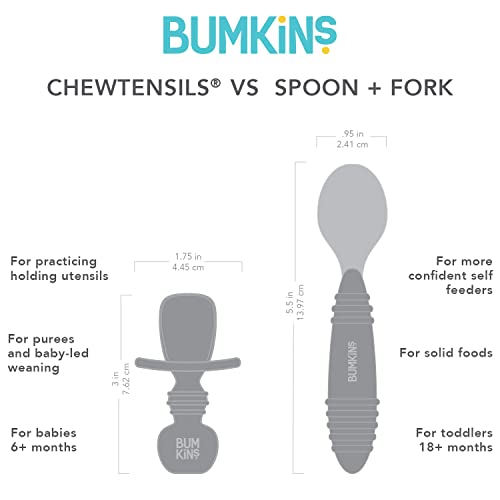 Bumkins Utensils, Silicone Chewtensils, Baby Fork and Spoon Set, Training Utensils, Baby Led Weaning Stage 1 for Ages 6 Months+ in Gray 2 Count (Pack of 1)