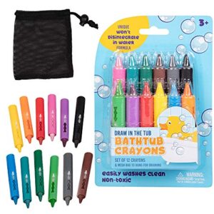 bath crayons super set - set of 12 draw in the tub colors with bathtub storage mesh bag -non-toxic, safe for children, won't disintegrate in water -art project for kids and toddlers, fun gift for kids