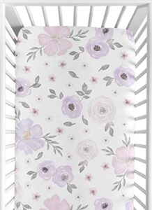 sweet jojo designs lavender purple, pink, grey and white baby or toddler fitted crib sheet for watercolor floral collection - rose flower